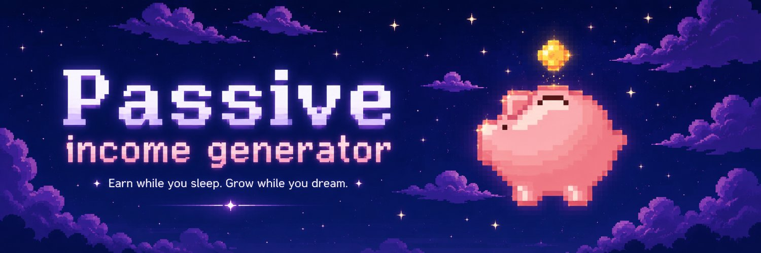 Passive income generator. Earn while you sleep. Grow while you dream. A pink pixel-art piggy bank beneath a gold coin in a purple night sky.